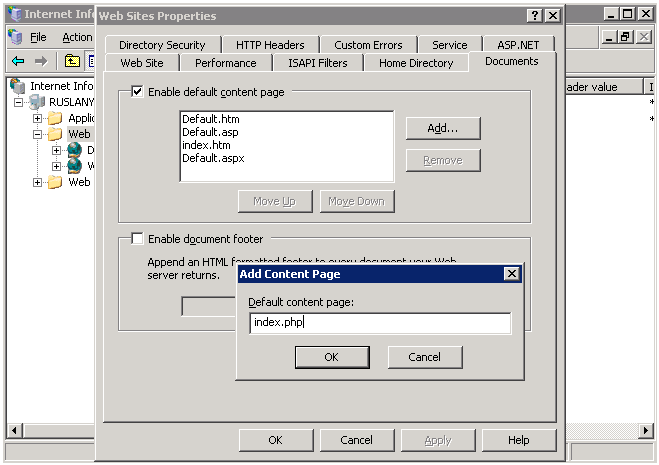 Setting index.php as default document for IIS